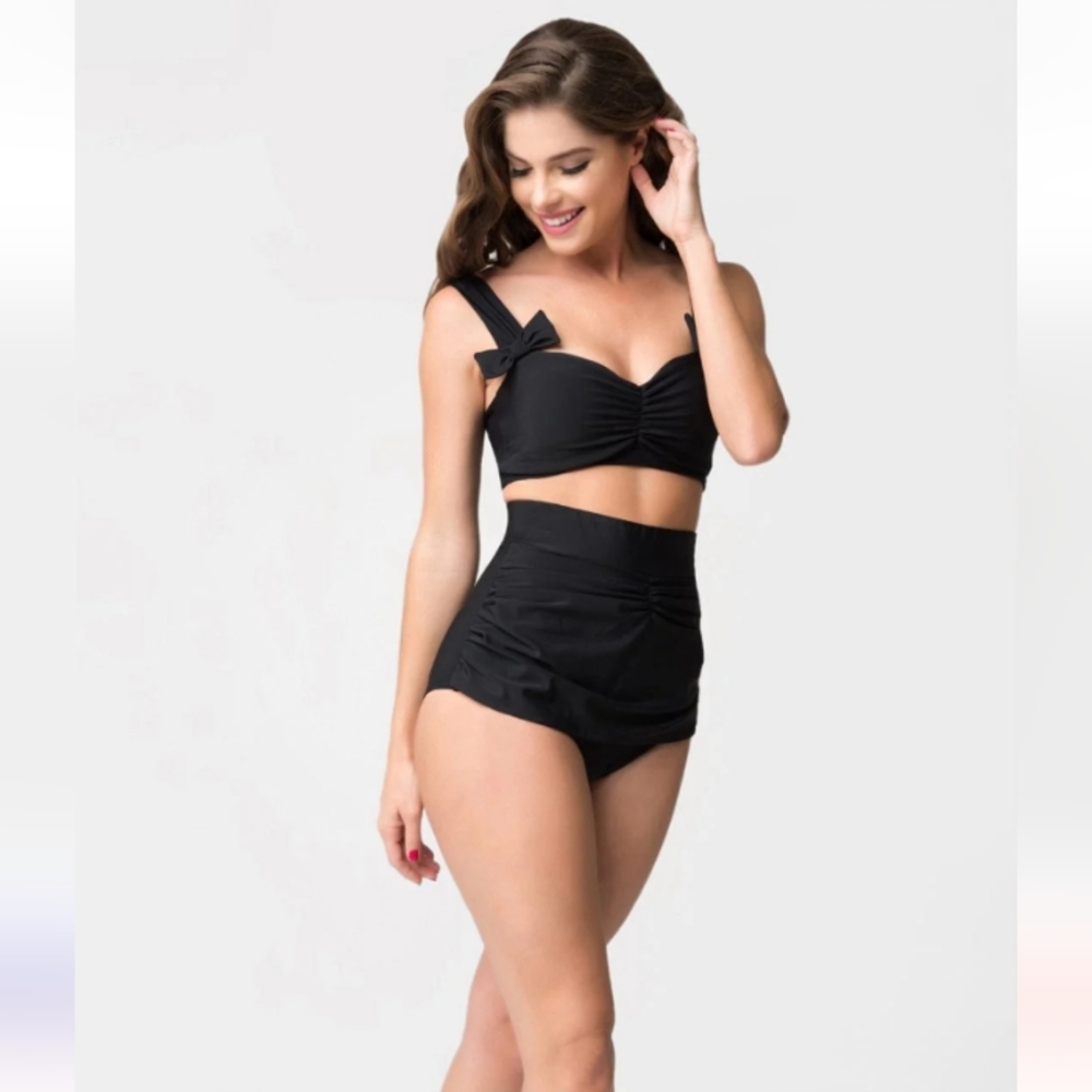 1950s Vintage Style Black Bows Swim Top
